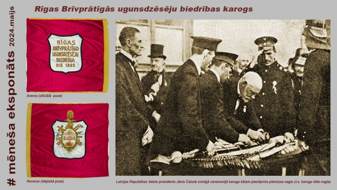 Fotokolāža  Rīgas BUB karoga attēli un Valsts prezidents Čakste svinīgā ceremonijā piestiprina karoga kāta naglu