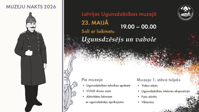 Kreisajā pusē ugunsdzēsēja figūra, virs tās uzraksts "Muzeju nakts 2026". Labajā pusē infomācija par Muzeja nakts norises vietu, laiku un paredzētajām aktivitātēm.