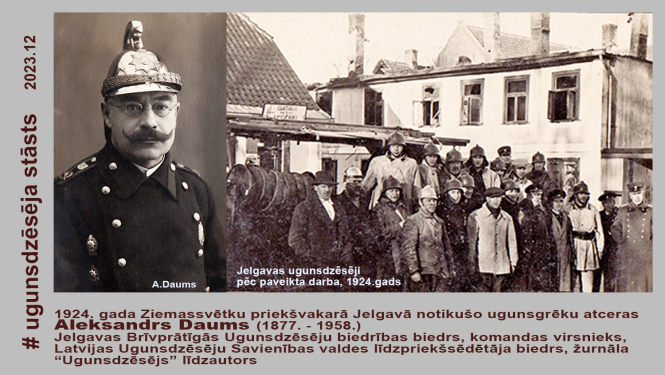 Fotokolāža Aleksandra Dauma pašportrets un Jelgavas ugunsdzēsēji pēc paveiktā darba,1924.gads