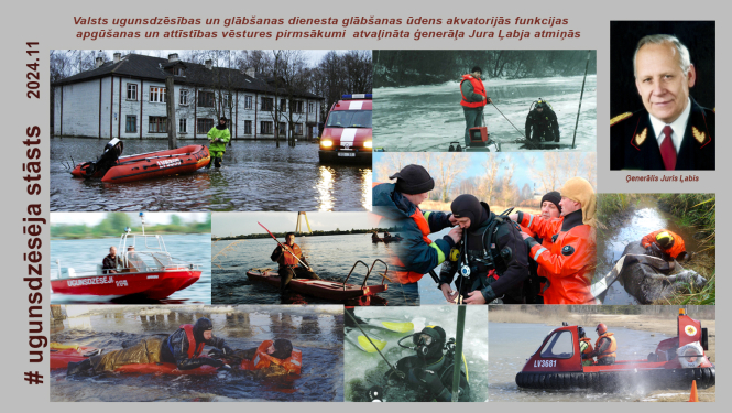 Fotošopā noformēts attēls Jura Ļabja portrets un fotogrāfijas kurās uzņemti glābšanas darbi uz ūdens