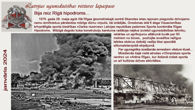 Fotokolāža ar tekstu par ugunsgrēku hipodromā