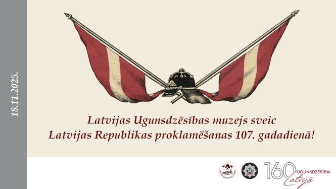 Attēlā ugunsdzēsēju ķivere un tās centrā sakrustori divi Latvijas Valsts karogi