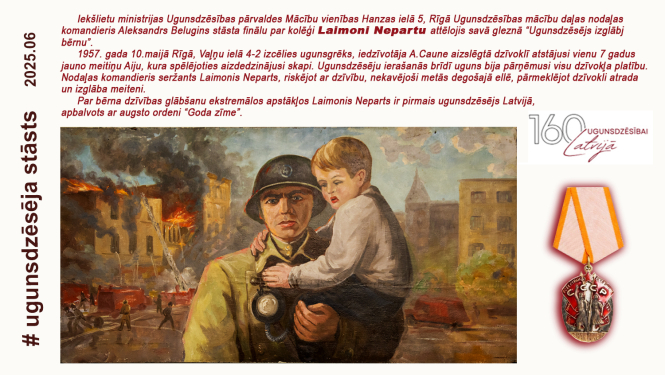 Ugunsdzēsējs uz rokām tur bērnu, fonā ēkas, daļu no tām pārņēmušas uguns liesmas