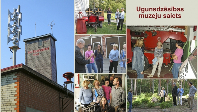 Fotošopā noformēts attēls - ugunsdzēsības depo tornis, fotogrāfijās uzņemti muzeju darbinieki