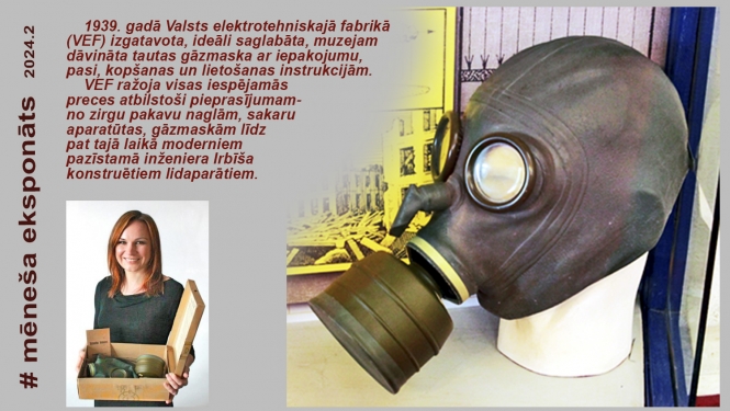 Fotokolāža Elīnas Tropas foto, VEF Tautas gāzmaskas foto un teksts