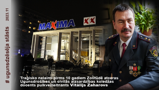 Foto priekšplānā Vitālijs Zaharovs, fonā pussagruvusī veikala Maksima ieeja 