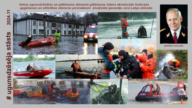 Fotošopā noformēts attēls Jura Ļabja portrets un fotogrāfijas kurās uzņemti glābšanas darbi uz ūdens