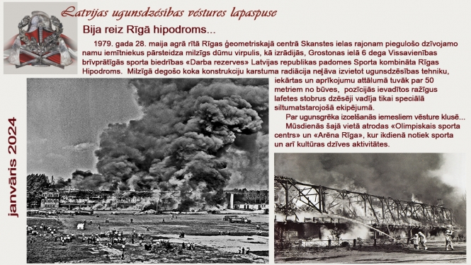 Fotokolāža ar tekstu par ugunsgrēku hipodromā