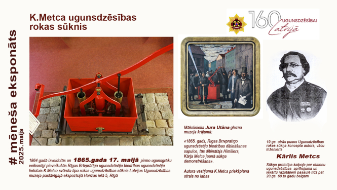 Photoshopā noformētā attēlā  Rokas sūknis sarkanā krāsā, Kārļa Metca portrets un 