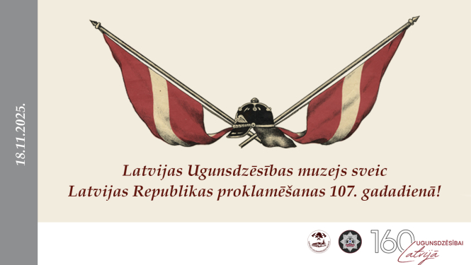 Attēlā ugunsdzēsēju ķivere un tās centrā sakrustori divi Latvijas Valsts karogi