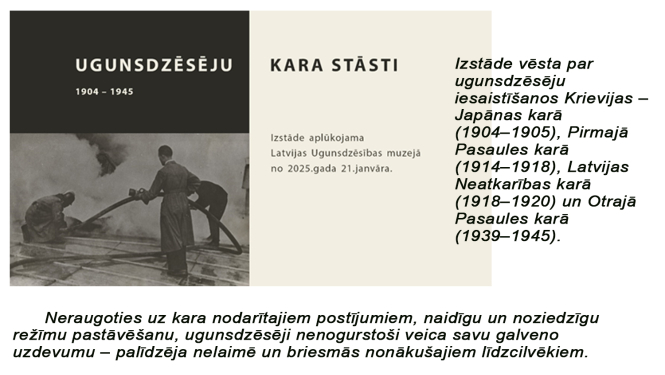 Attēlā  izstādes afiša ugunsdzēsēji dzeš ugunsgrēku un  anotācija