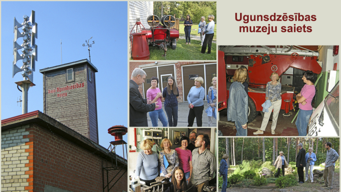 Fotošopā noformēts attēls - ugunsdzēsības depo tornis, fotogrāfijās uzņemti muzeju darbinieki