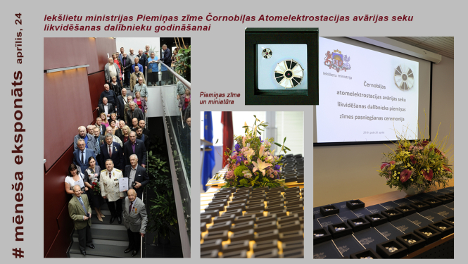 Fotokolāža apbalvoto kopbilde, piemiņas zīme un uz galda izvietotas piemiņas zīmes 