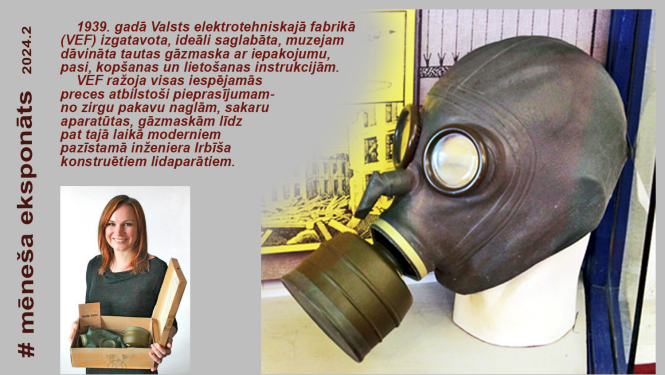 Fotokolāža Elīnas Tropas foto, VEF Tautas gāzmaskas foto un teksts