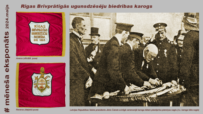 Fotokolāža  Rīgas BUB karoga attēli un Valsts prezidents Čakste svinīgā ceremonijā piestiprina karoga kāta naglu