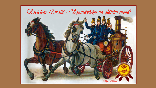 Zirgu pajūgā tvaika sūknī  sēž četri ar ugunsdzēsēji