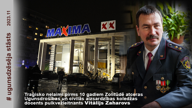 Foto priekšplānā Vitālijs Zaharovs, fonā pussagruvusī veikala Maksima ieeja 