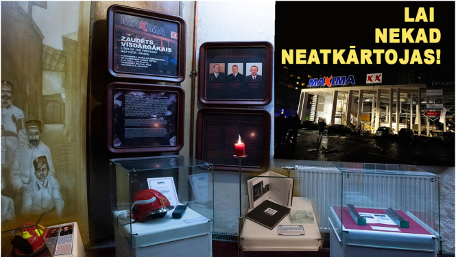 Planšetēs  apraksts par traģēdiju un bojā gājušo ugunsdzēsēju portreti, priekšplānā svecturī aizdegta svece