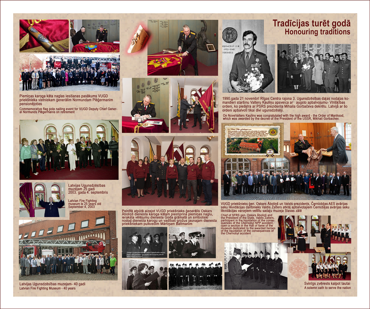 Tradīcijas turēsim godā Fotoattēlos pasākumi Slavas zālē karoga iesvētīšana, karpga kāta naglas iesišana karoga kātā, zvēresta došana ugunsdzēsējiem un dispičerēm uzsākot dienesta gaitas