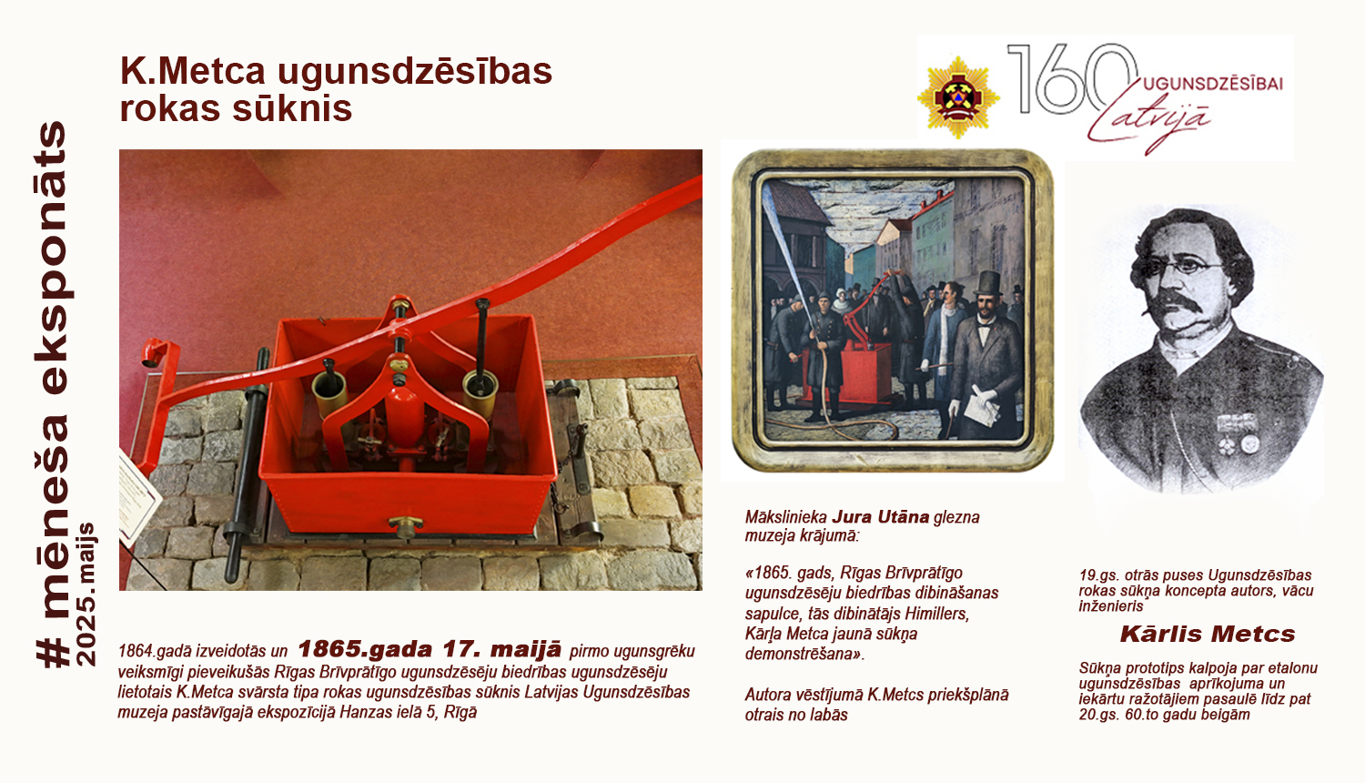 Photoshopā noformētā attēlā  Rokas sūknis sarkanā krāsā, Kārļa Metca portrets un 