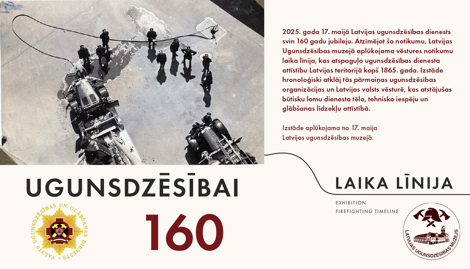 Izstādes plakāts ar tekstu un fotogrāfiju ar ugunsdzēsējiem  