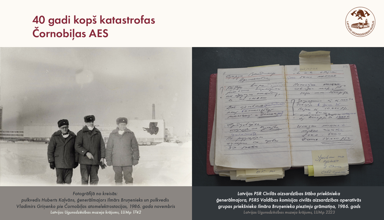 Augšpusē uzraksts 40 gadi kopš katastrogas Černobiļas AES. Kreisajā pusē fotogrāfija, kurā redzami pulkveži un ģenerālmajors pie AES. Labajā pusē piezīmju grāmatiņa.