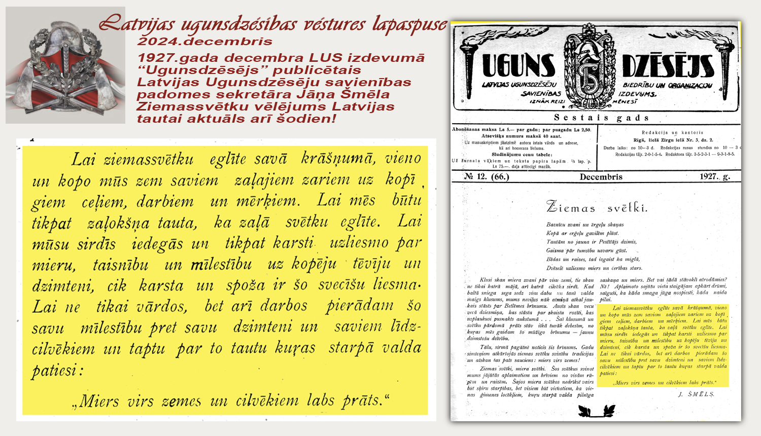 1927.gada decembra Laikraksta Ugunsdzēsējs titullapa ar apsveikuma tekstu Ziemassvētkos