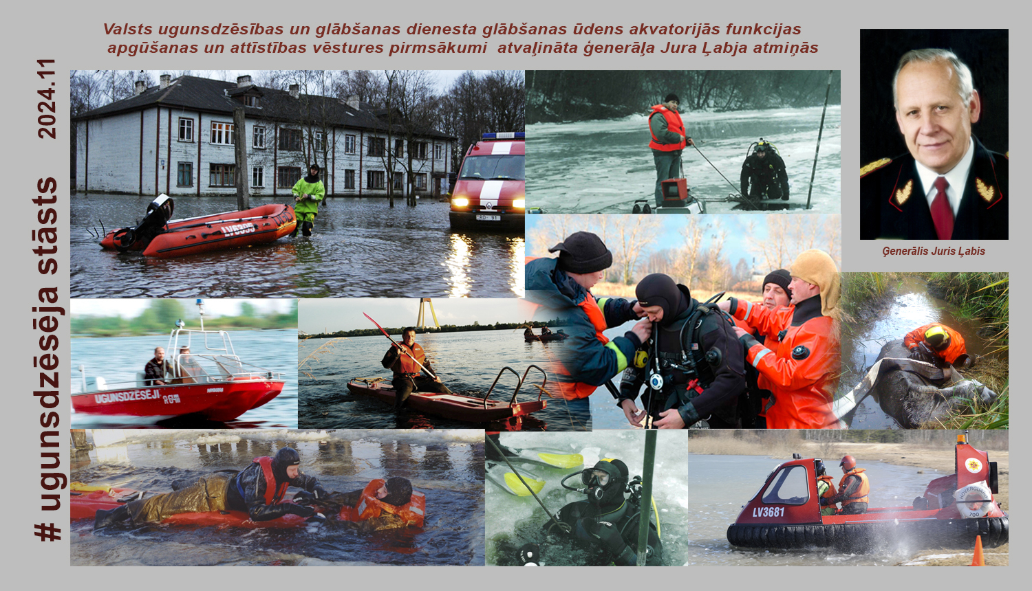 Fotošopā noformēts attēls Jura Ļabja portrets un fotogrāfijas kurās uzņemti glābšanas darbi uz ūdens