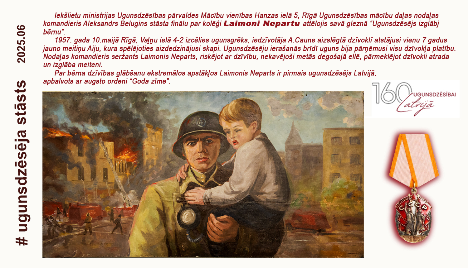 Ugunsdzēsējs uz rokām tur bērnu, fonā ēkas, daļu no tām pārņēmušas uguns liesmas